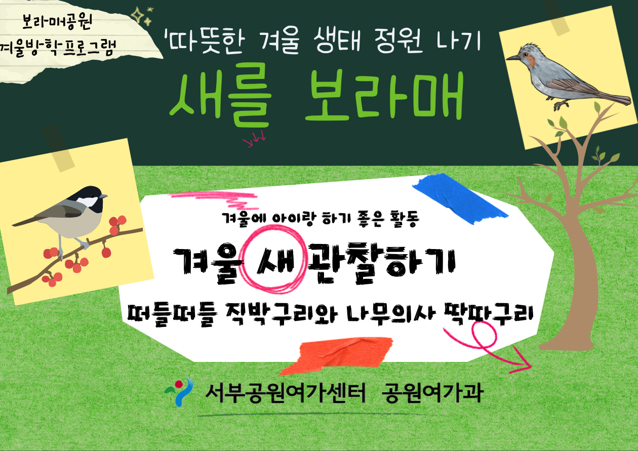 [보라매공원] < 겨울방학 특별 > 따뜻한 겨울 생태 정원 나기(1월) _ '새를 보라매' - 떠들떠들 직박구리와 나무의사 딱따구리&nbsp;