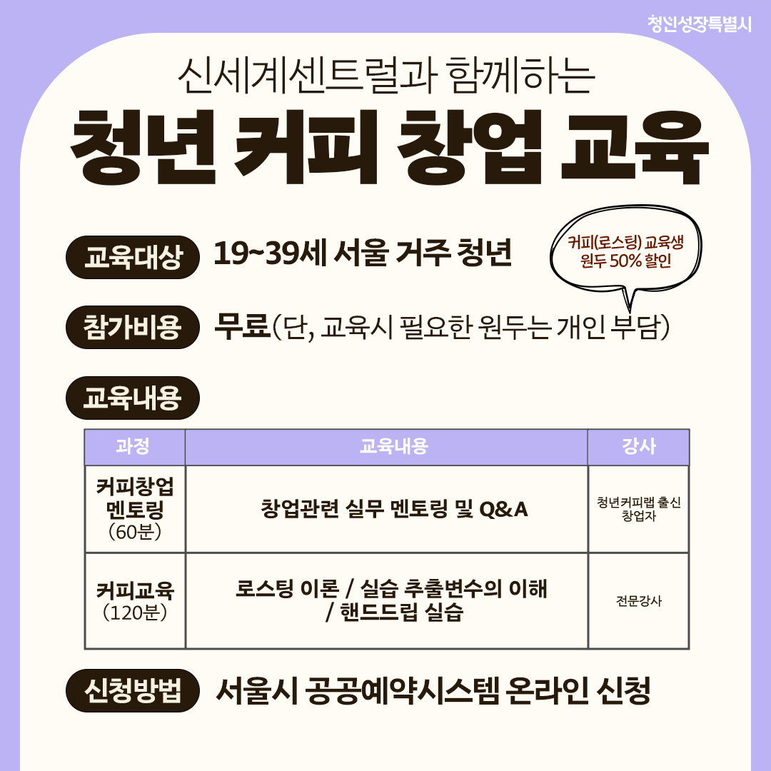 신세계센트럴과 함께하는 청년 커피 창업 교육 6월 신청 모집